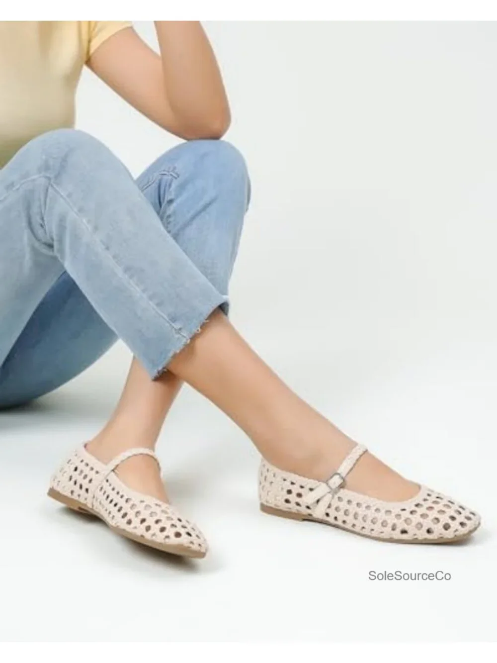 Woven Mesh Square Toe Mary Jane Ballet Flats for Women - Adjustable Strap,